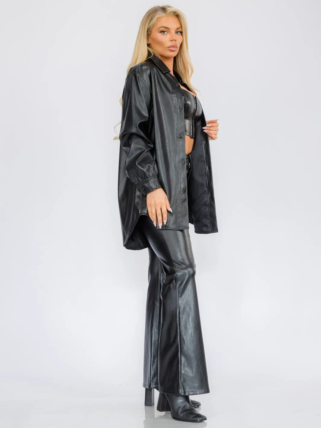 WOMEN'S LONG SLEEVE BUTTON CLOSURE PU PLEATHER JACKET