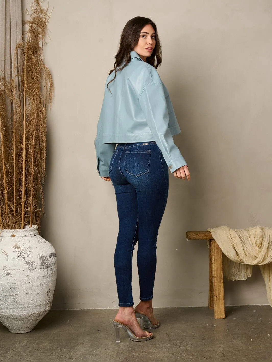 WOMEN'S LONG SLEEVE BUTTON UP PU PLEATHER JACKET