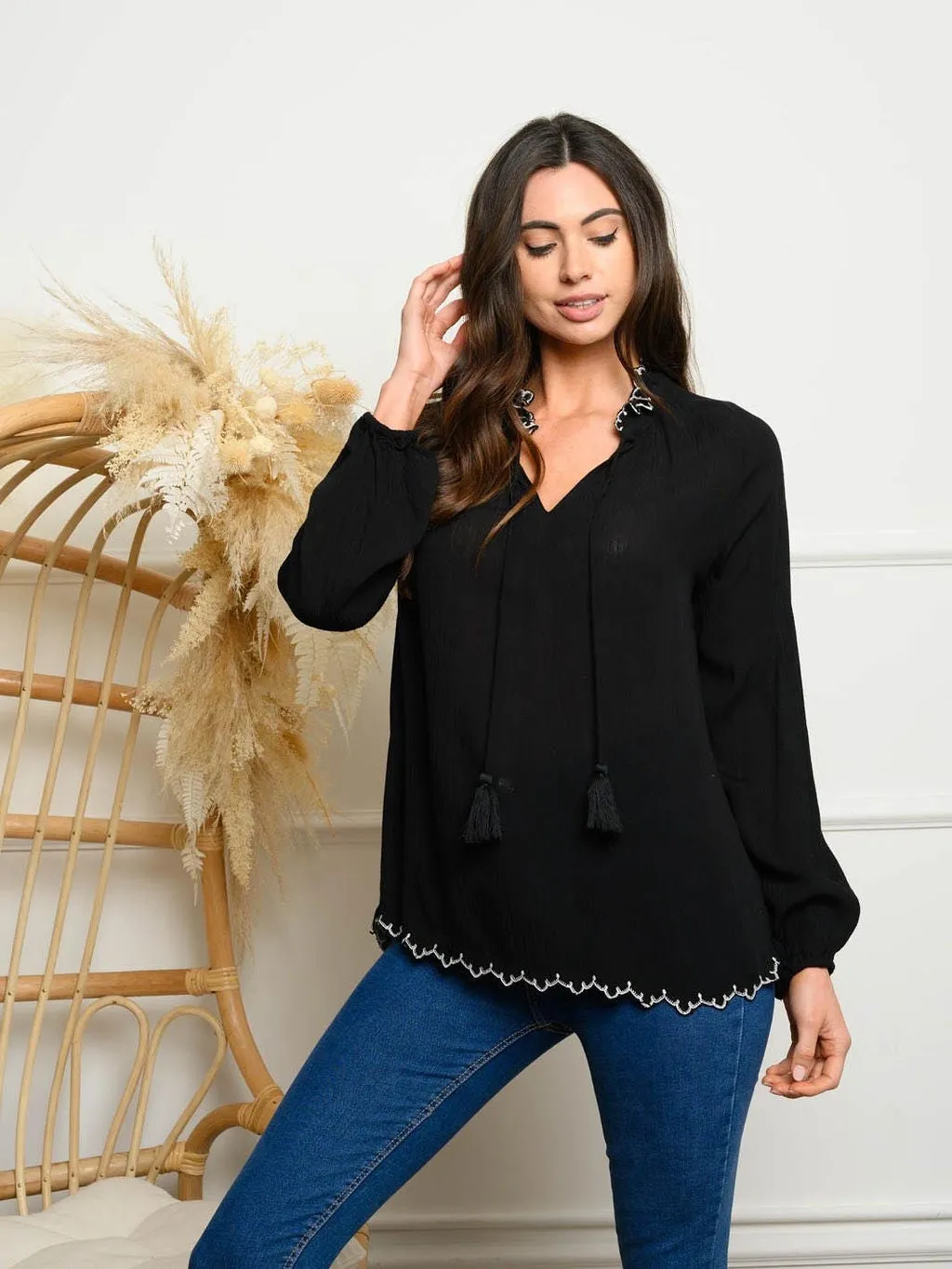 WOMEN'S LONG SLEEVE EMBROIDERY NECK TOP
