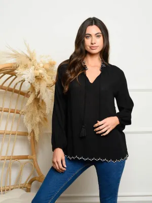 WOMEN'S LONG SLEEVE EMBROIDERY NECK TOP