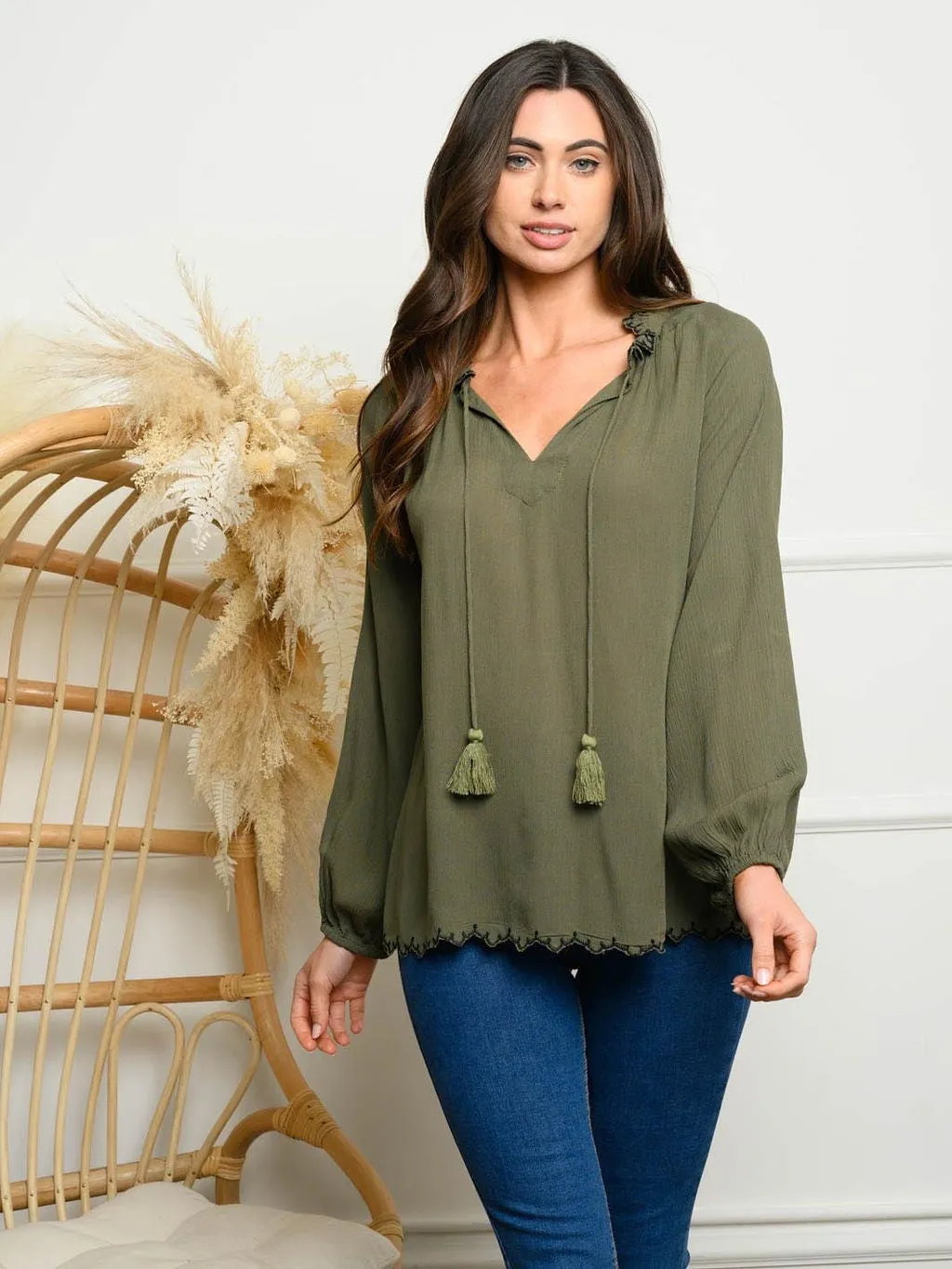 WOMEN'S LONG SLEEVE EMBROIDERY NECK TOP