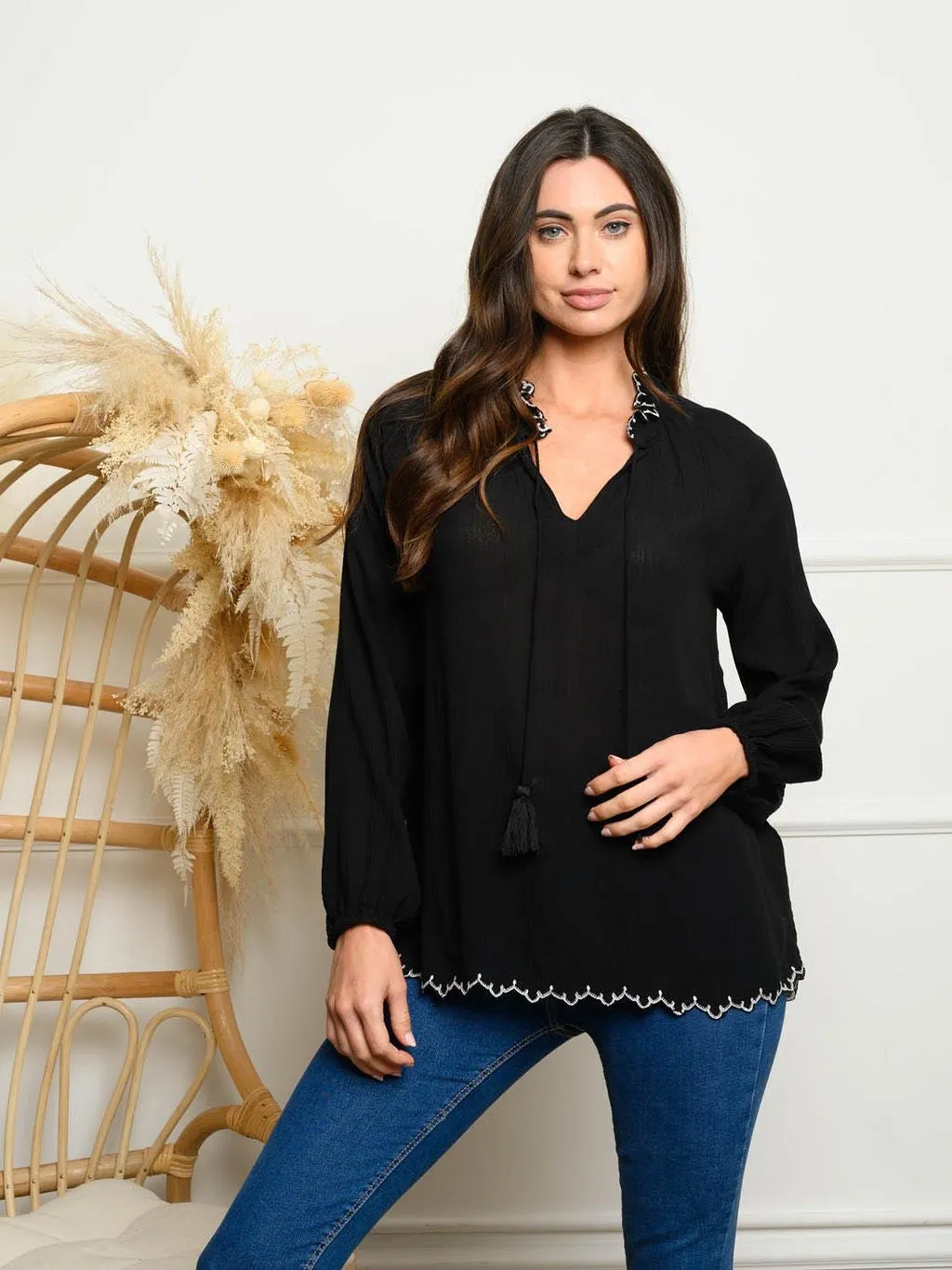 WOMEN'S LONG SLEEVE EMBROIDERY NECK TOP