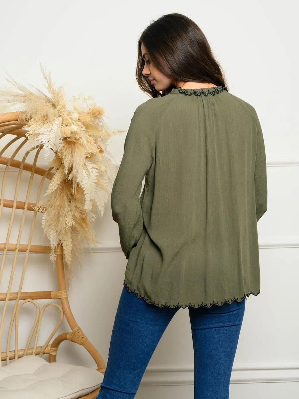 WOMEN'S LONG SLEEVE EMBROIDERY NECK TOP
