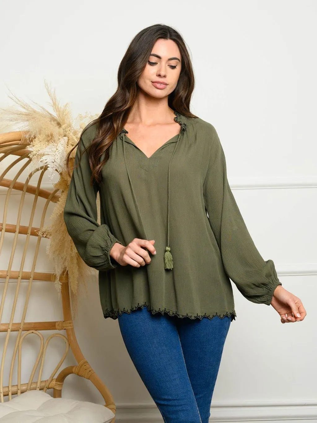 WOMEN'S LONG SLEEVE EMBROIDERY NECK TOP