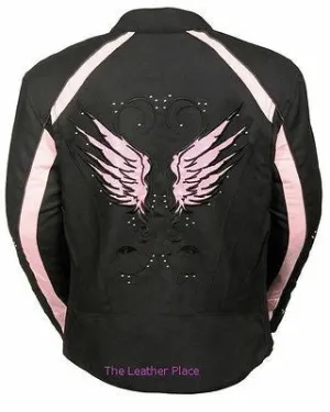 WOMEN'S MOTORCYCLE RIDING PINK TEXTILE JACKET W/ STUD & WINGS DETAILING
