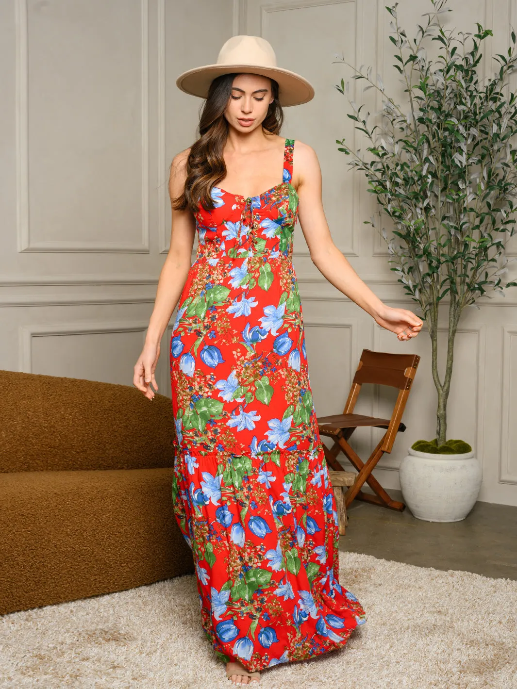 WOMEN'S SLEEVELESS V-NECK FLORAL MAXI DRESS
