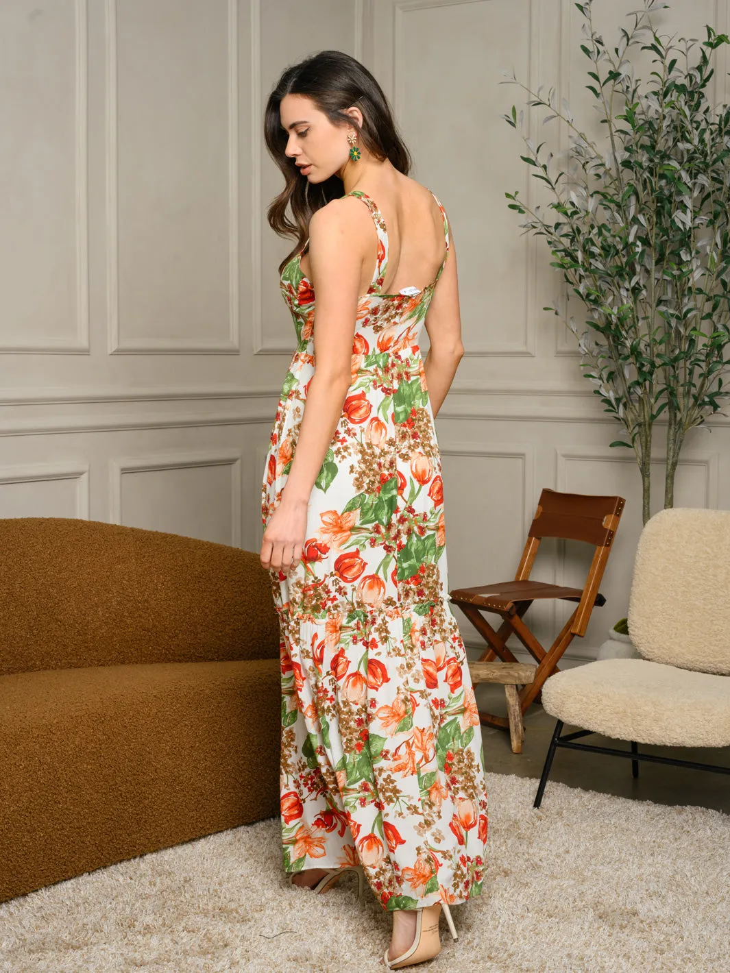 WOMEN'S SLEEVELESS V-NECK FLORAL MAXI DRESS