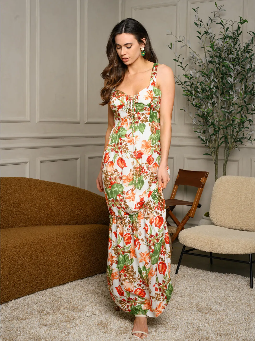 WOMEN'S SLEEVELESS V-NECK FLORAL MAXI DRESS