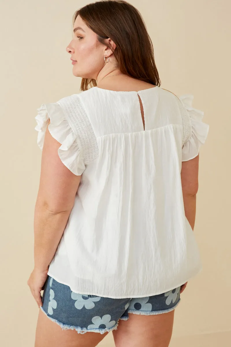 Womens Smocked Detail Ruffle Shoulder Top