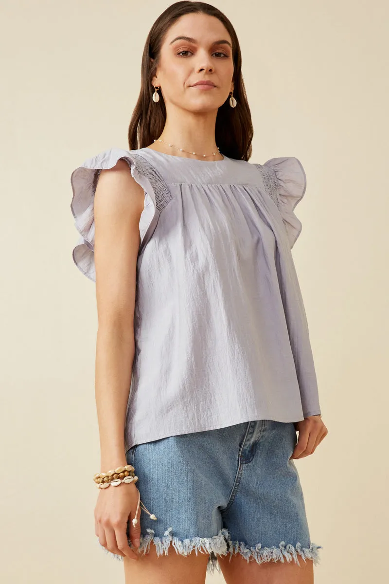 Womens Smocked Detail Ruffle Shoulder Top