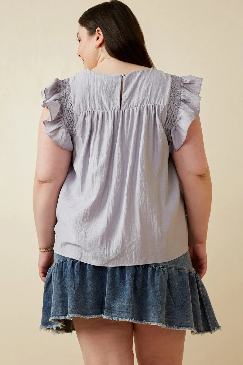 Womens Smocked Detail Ruffle Shoulder Top