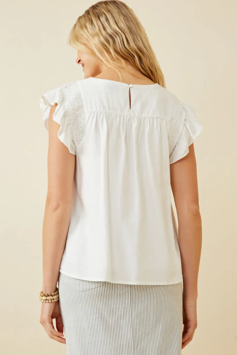 Womens Smocked Detail Ruffle Shoulder Top