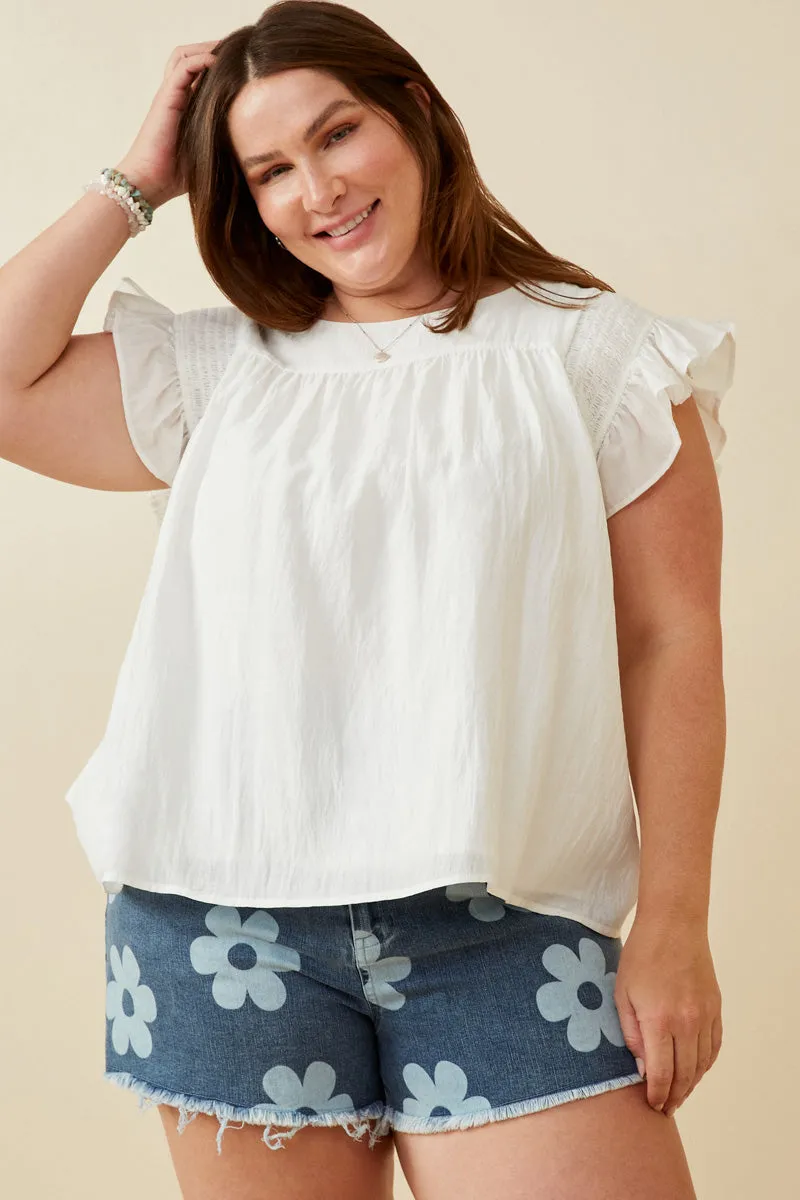 Womens Smocked Detail Ruffle Shoulder Top