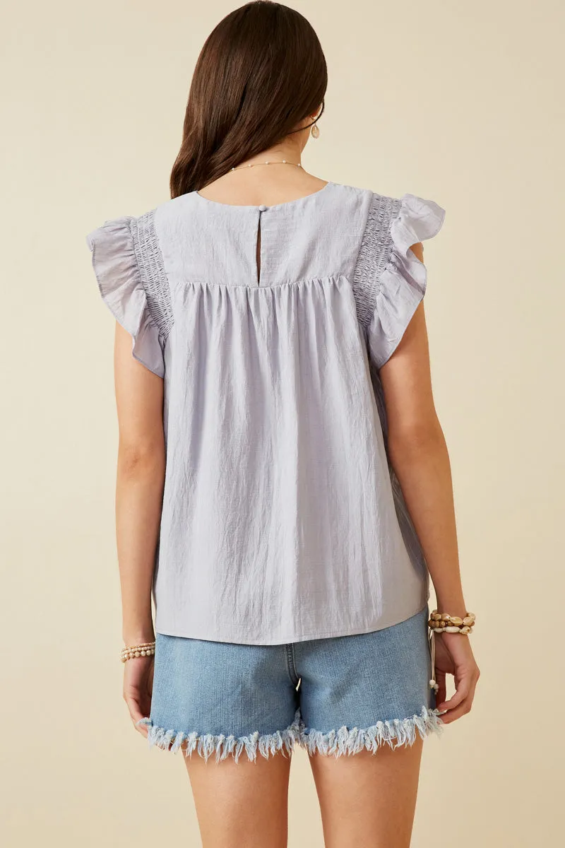 Womens Smocked Detail Ruffle Shoulder Top