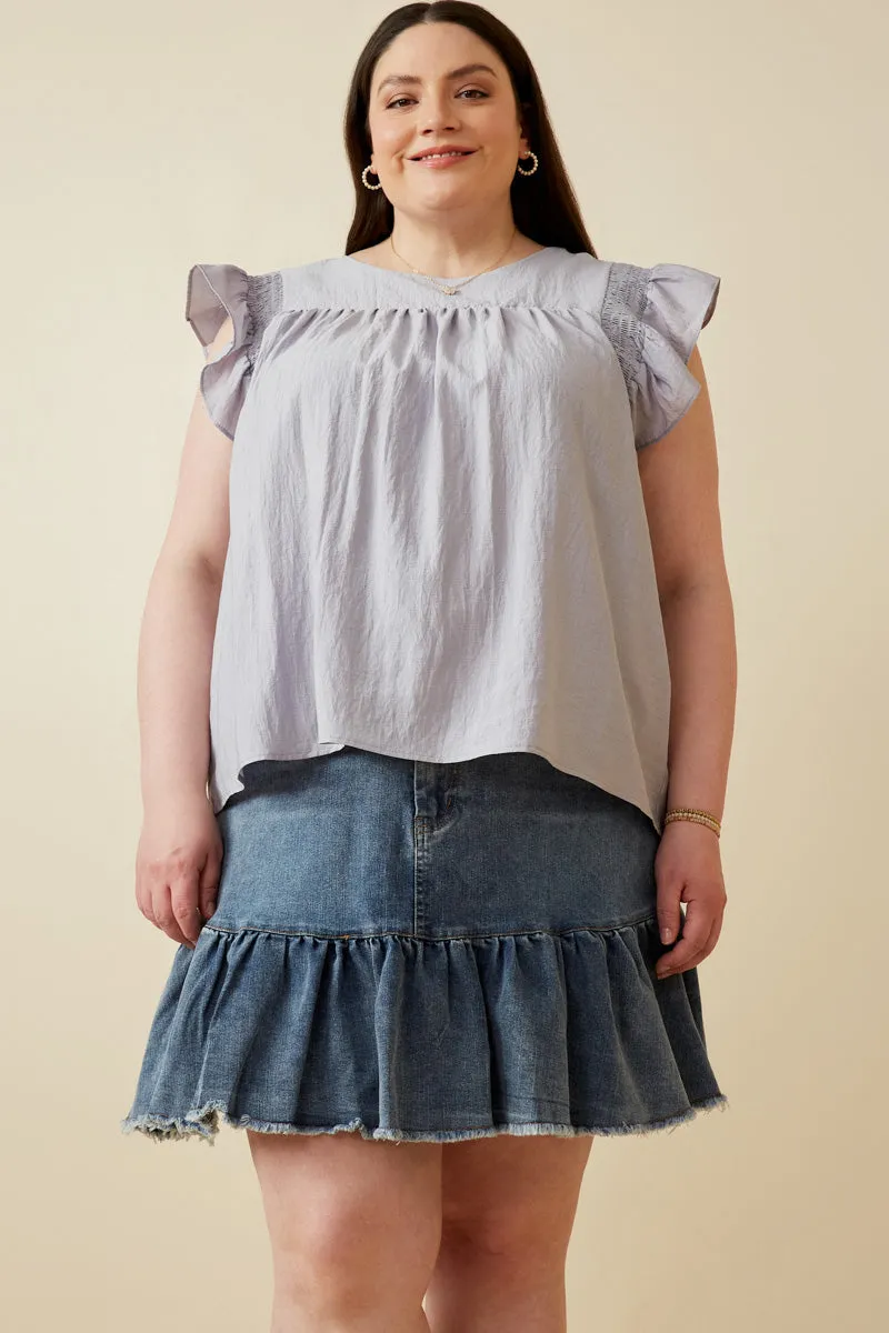 Womens Smocked Detail Ruffle Shoulder Top