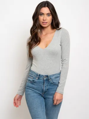 WOMEN'S V-NECK LONG SLEEVE SOLID BODYSUIT