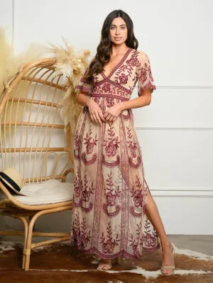 WOMEN'S V-NECK SHORT SLEEVE LACE MAXI DRESS