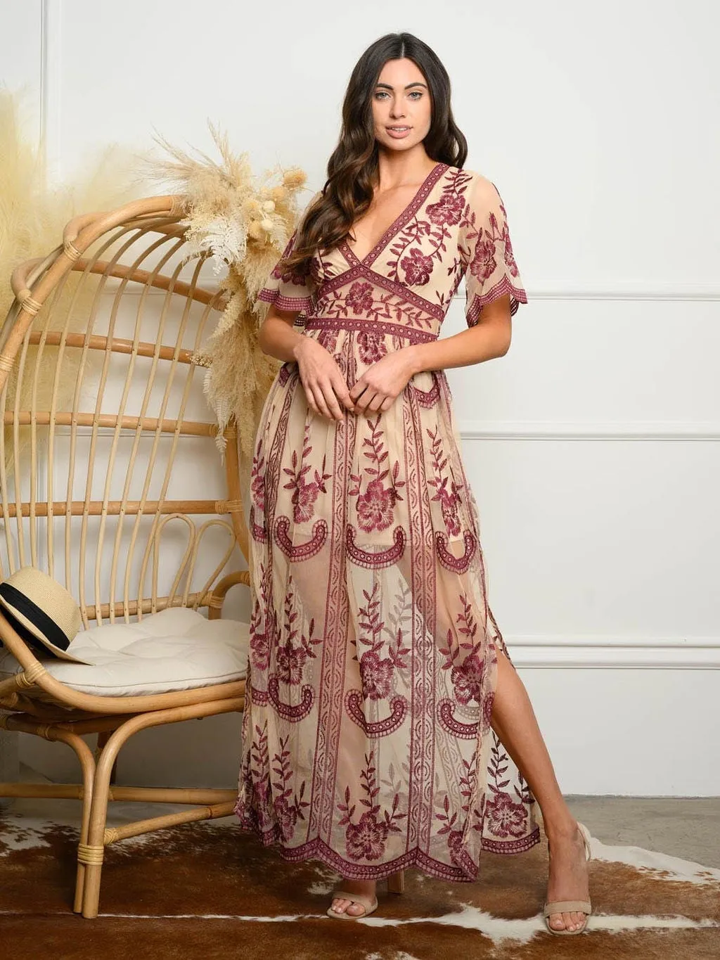 WOMEN'S V-NECK SHORT SLEEVE LACE MAXI DRESS
