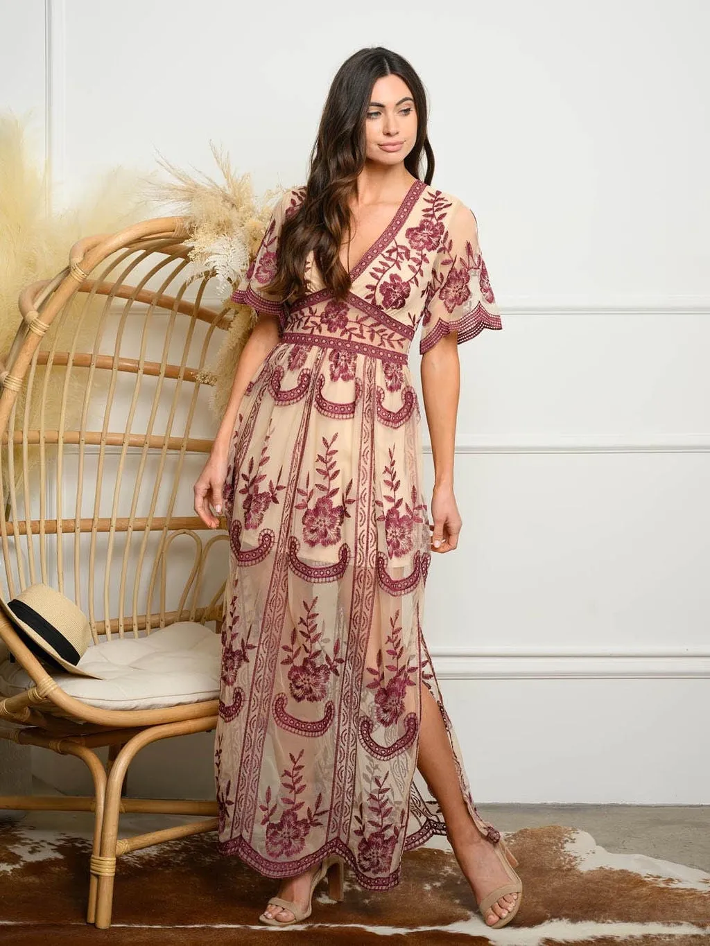 WOMEN'S V-NECK SHORT SLEEVE LACE MAXI DRESS