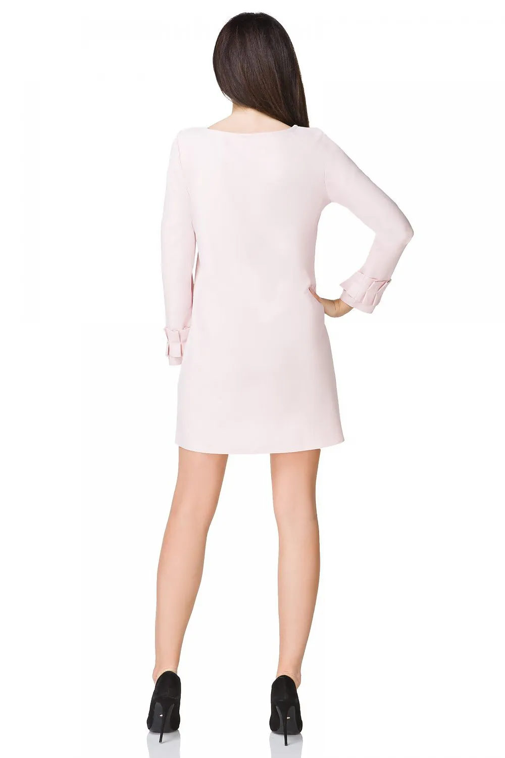 Women’s White Long Sleeve Shift Cocktail Mini Dress with Puff Cuffs