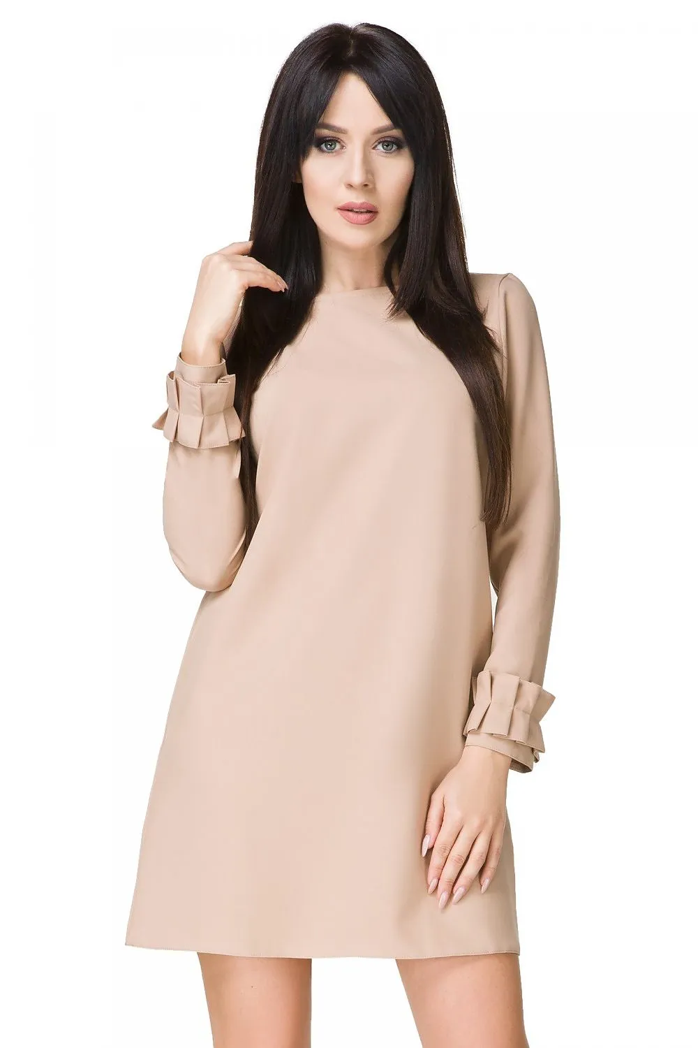 Women’s White Long Sleeve Shift Cocktail Mini Dress with Puff Cuffs