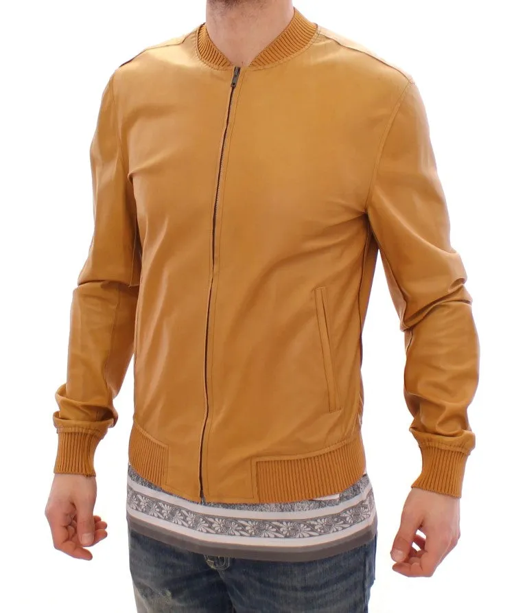 Yellow Leather Silk Jacket Coat